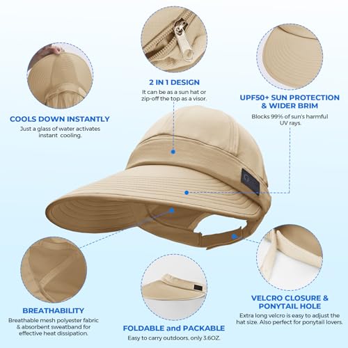 Sukeen Cooling Visor Cap for Women&Men, 2 in 1 Zip-Off Sun Hat with UV Protection for Outdoor Sports Golf Travel Tennis Beach Beige