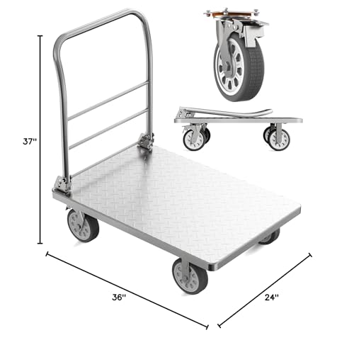 Heavy Duty Platform Truck Cart, Flatbed Cart Folding Hand Trucks, 2200lbs, with 6" Swivel Brake Casters, Foldable for Easy Storage (36" x 24")