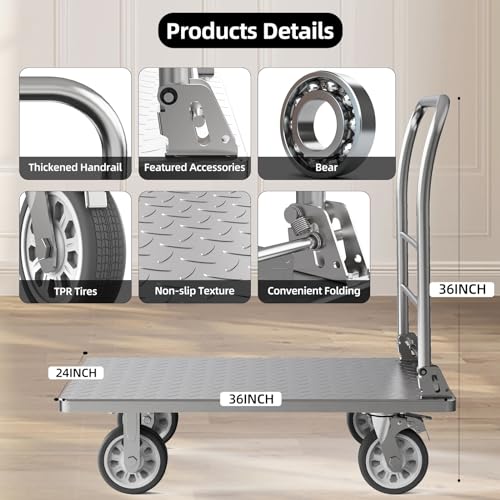 Heavy Duty Platform Truck Cart, Flatbed Cart Folding Hand Trucks, 2200lbs, with 6" Swivel Brake Casters, Foldable for Easy Storage (36" x 24")