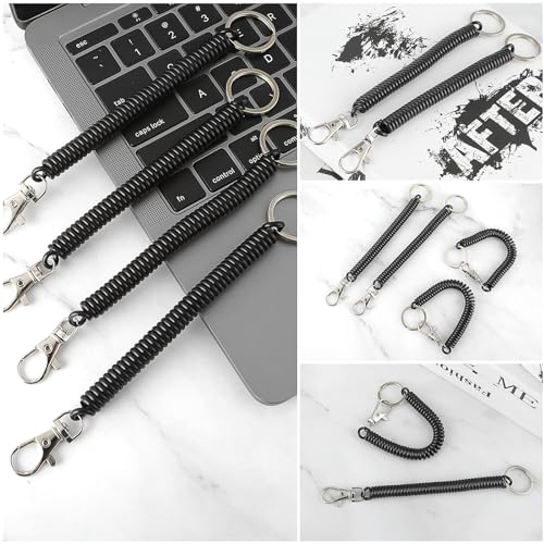 Ouligay 4pcs Retractable Spring Coil Keychain, Coiled Lanyard With Keyring Lobster Clasp, Anti-Lost Stretch Cord Safety Key Chain for Wallet Chain, Keys, Cellphone (Black)