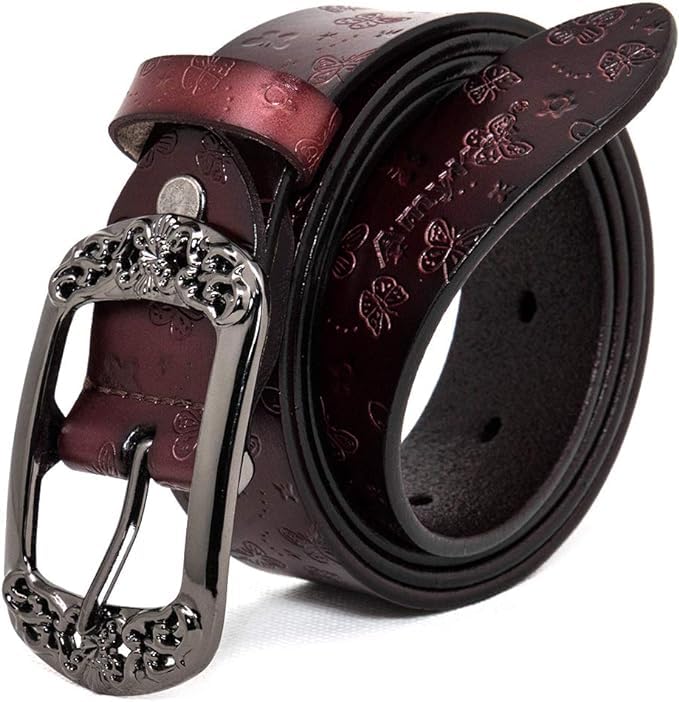 IWFTC Womens Leather Belts Thick Belt Women for Plus Size Leather Belts Womens Black and Buckle Western Jeans Womens Leather Belts Jeans Black Cowgirl Butterfly Embossed Belt (Blown, 100cm)