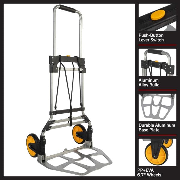 Dolly Cart with Collapsible Handle - Folding Hand Truck with 330lb Capacity - Foldable Cart with Wheels and Elastic Cord by Stalwart