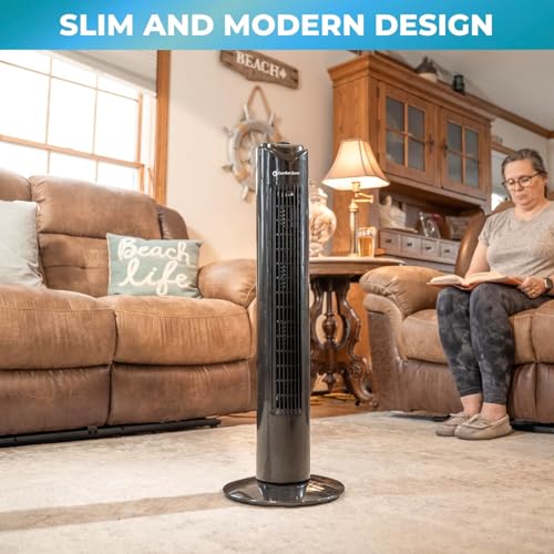 Comfort Zone Oscillating Portable Tower Fan, 32 inch, 3 Speed, 90 Degree Oscillation, Portable Built-in Carry Handle, Quiet Operation, Ideal for Home, Bedroom & Office, CZ12386