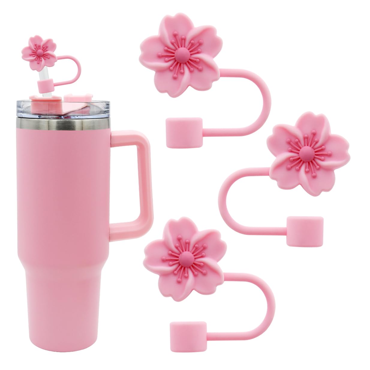 Meitesti 3pcs Cherry Blossom Silicone Straw Cover Cap for Stanley Cup,Straw Topper 10 mm 0.4 in Reusable Straw Tips Lids,Flower Straw Tip Covers Gift for Party Decor