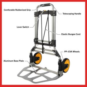 Dolly Cart with Collapsible Handle - Folding Hand Truck with 330lb Capacity - Foldable Cart with Wheels and Elastic Cord by Stalwart