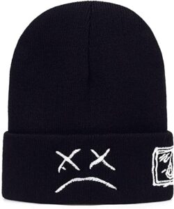 beanie hat for men women with sad face cuffed plain skull knit cap intended for lil peep, black