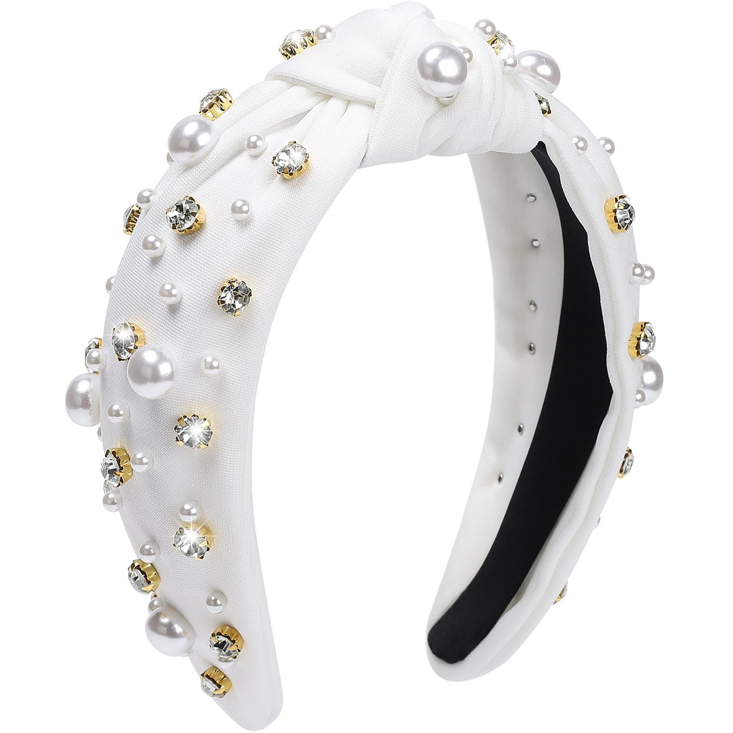 WantGor Pearl Knotted Headband, Women Rhinestone Embellished Hairband Elegant Wide Top Knot Bride Headbands Headpieces Party Fashion Elegant Ladies Hair Band Hair Hoop Accessories (White)