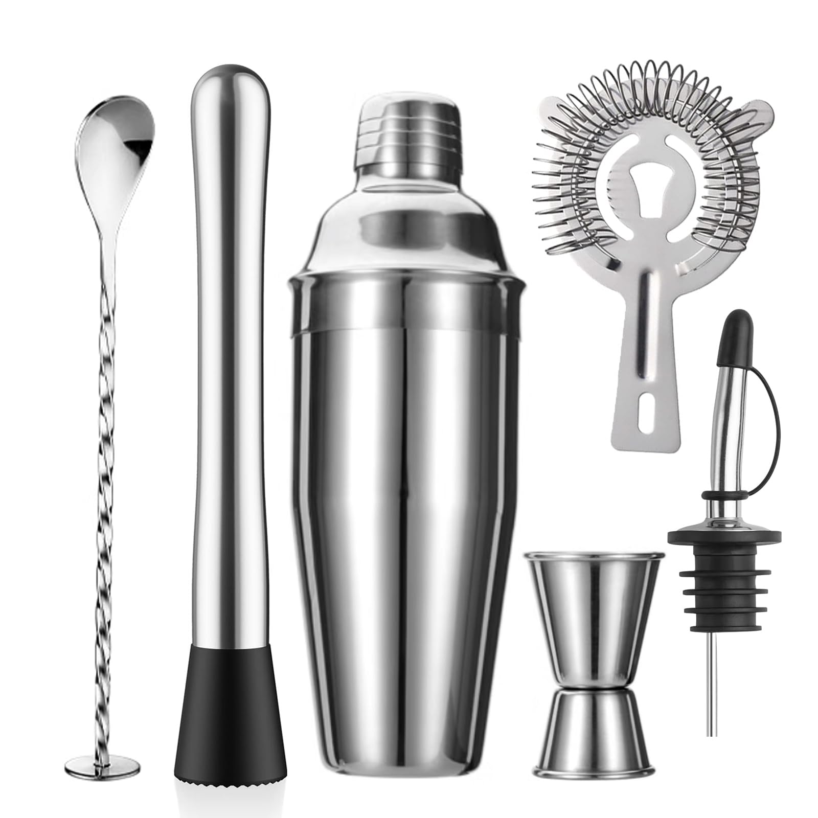 ZPUFAW 6-Piece Cocktail Shaker Set 24oz Shaker Strainer Muddler Jigger Mixing Spoon Pour Spout Bartender Kit Stainless Steel Bar Set Housewarming Gift