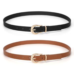 suosdey 2 pack women skinny belt thin waist belt black brown with fashion gold buckle for pants jeans dresses