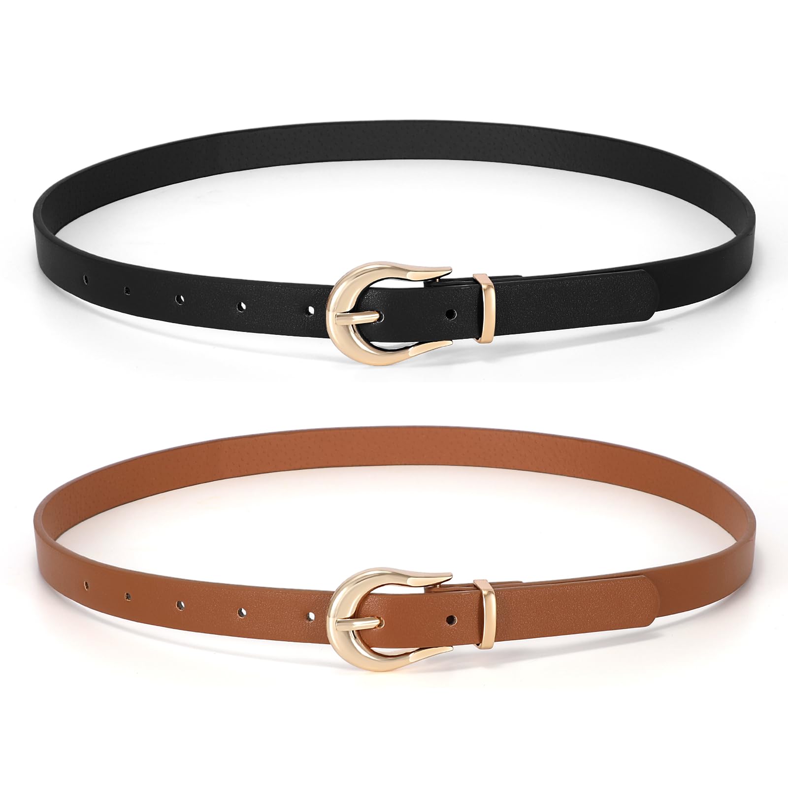 SUOSDEY 2 Pack Women Skinny Belt Thin Waist Belt Black Brown with Fashion Gold Buckle for Pants Jeans Dresses