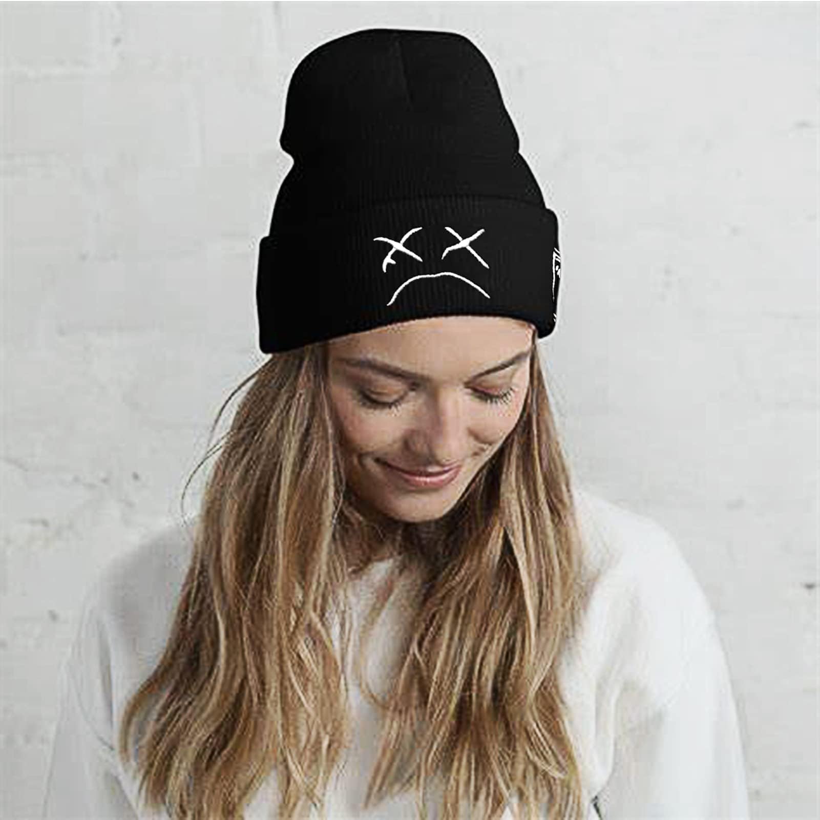 Beanie Hat for Men Women with Sad Face Cuffed Plain Skull Knit Cap intended for Lil Peep, Black