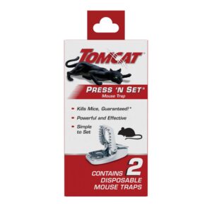 tomcat press 'n set mouse trap for indoor or outdoor use, plastic spring-loaded mouse killer with grab tab, 2 traps