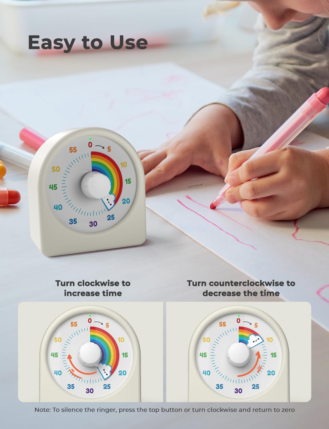 LIORQUE 60 Minute Visual Timer for Kids, Rechargeable Visual Countdown Timer Clock Kids Timer for Classroom, Desk Pomodoro Timer with 'Rainbow' Pattern Design and Magnetic Back