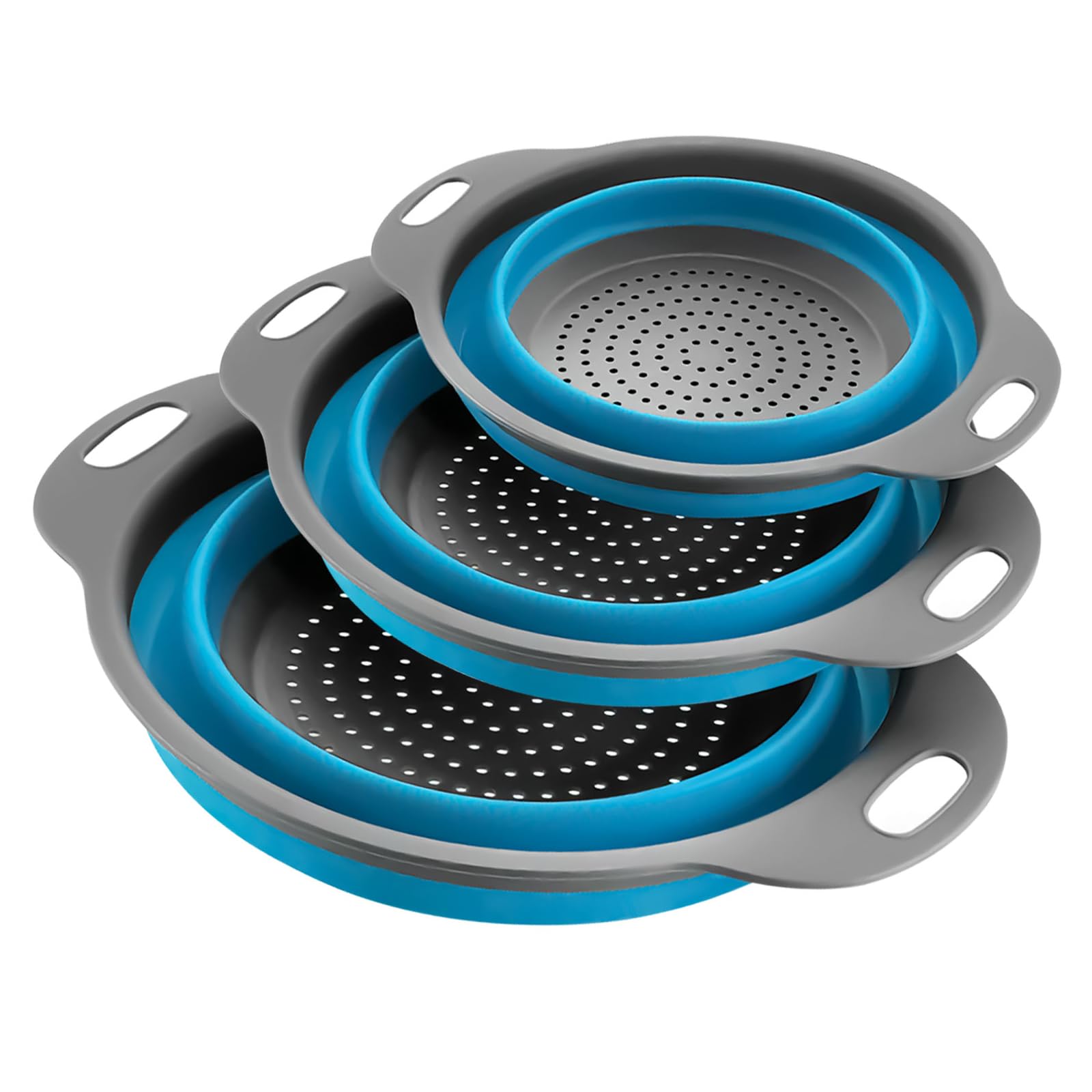 3 Piece Collapsible Colander Set - Round Silicone in Kitchen Food Strainers Drainer Basket Blue for Draining Pasta Vegetables Fruits (Blue)