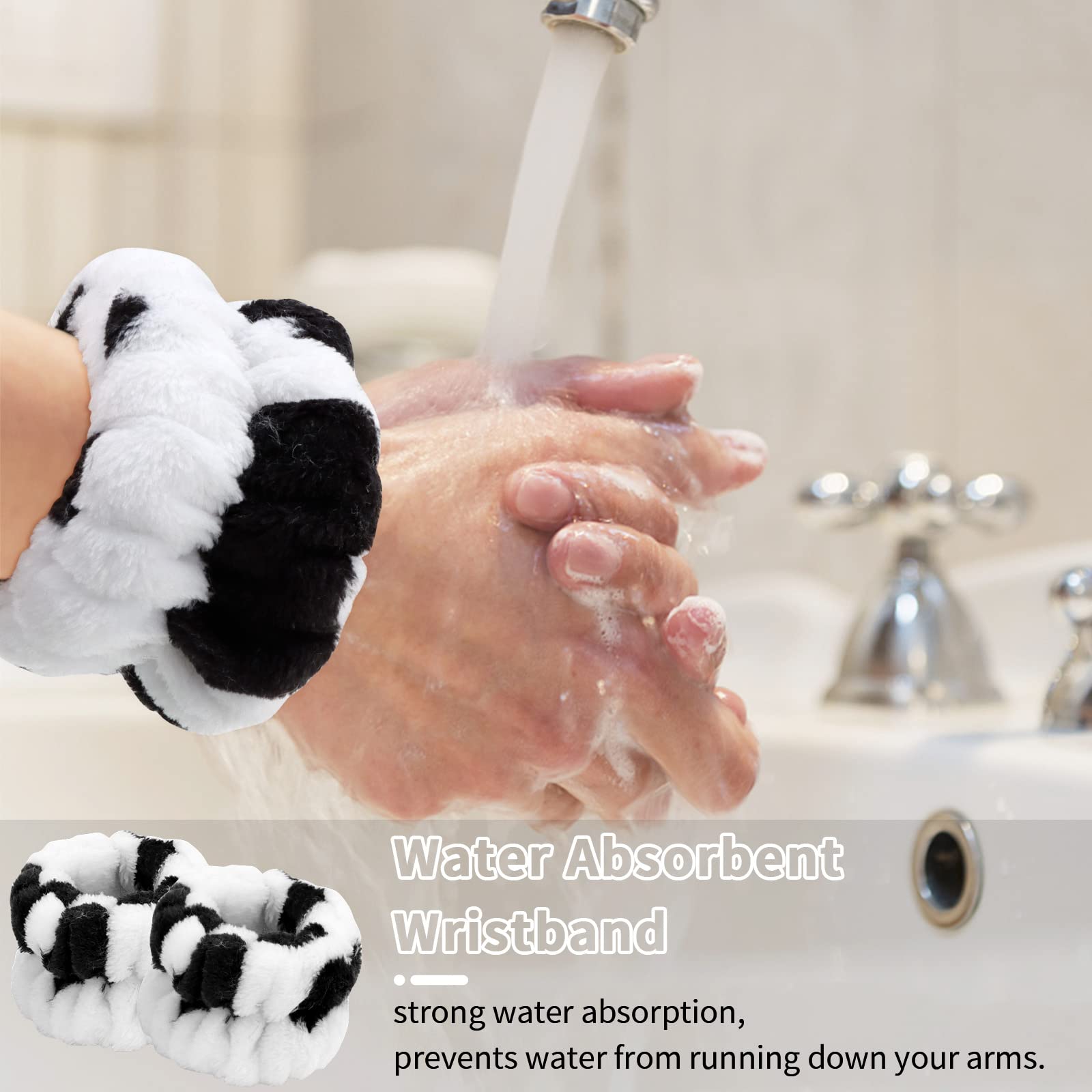 WHAVEL 3PCS Cute Spa Headband Cow Ears Headband with Face Wash Wristband Set and Wrist Bands