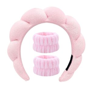 fecawd skincare headbands for women, sponge makeup headband set, spa headband for washing face wristband set, puffy headwear for makeup removal hair accessories terry cloth hair band(pink)