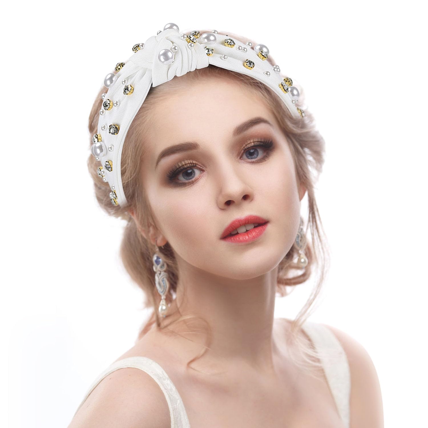 WantGor Pearl Knotted Headband, Women Rhinestone Embellished Hairband Elegant Wide Top Knot Bride Headbands Headpieces Party Fashion Elegant Ladies Hair Band Hair Hoop Accessories (White)