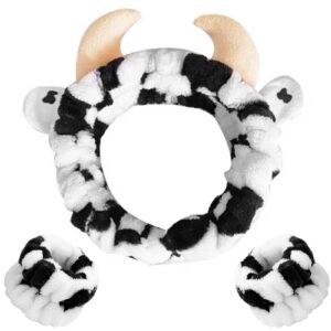 WHAVEL 3PCS Cute Spa Headband Cow Ears Headband with Face Wash Wristband Set and Wrist Bands