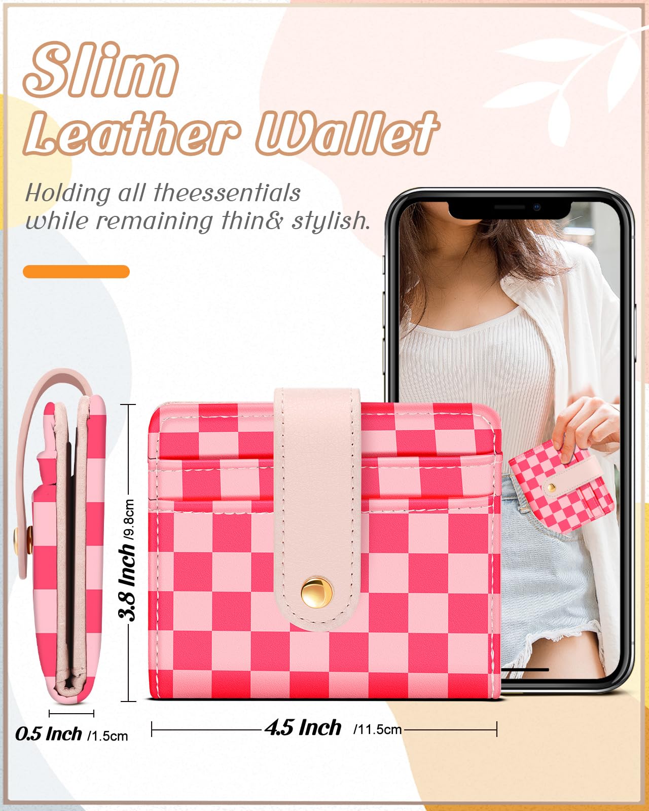 Bistup Wallet for Women Cute Bifold Small Card Wallet Rfid with Keychain for Ladies Teen Girls Female Medium Girly Aesthetic Thin Slim Checkered Plaid Unique Pretty Leather Credit Card Holder Purse