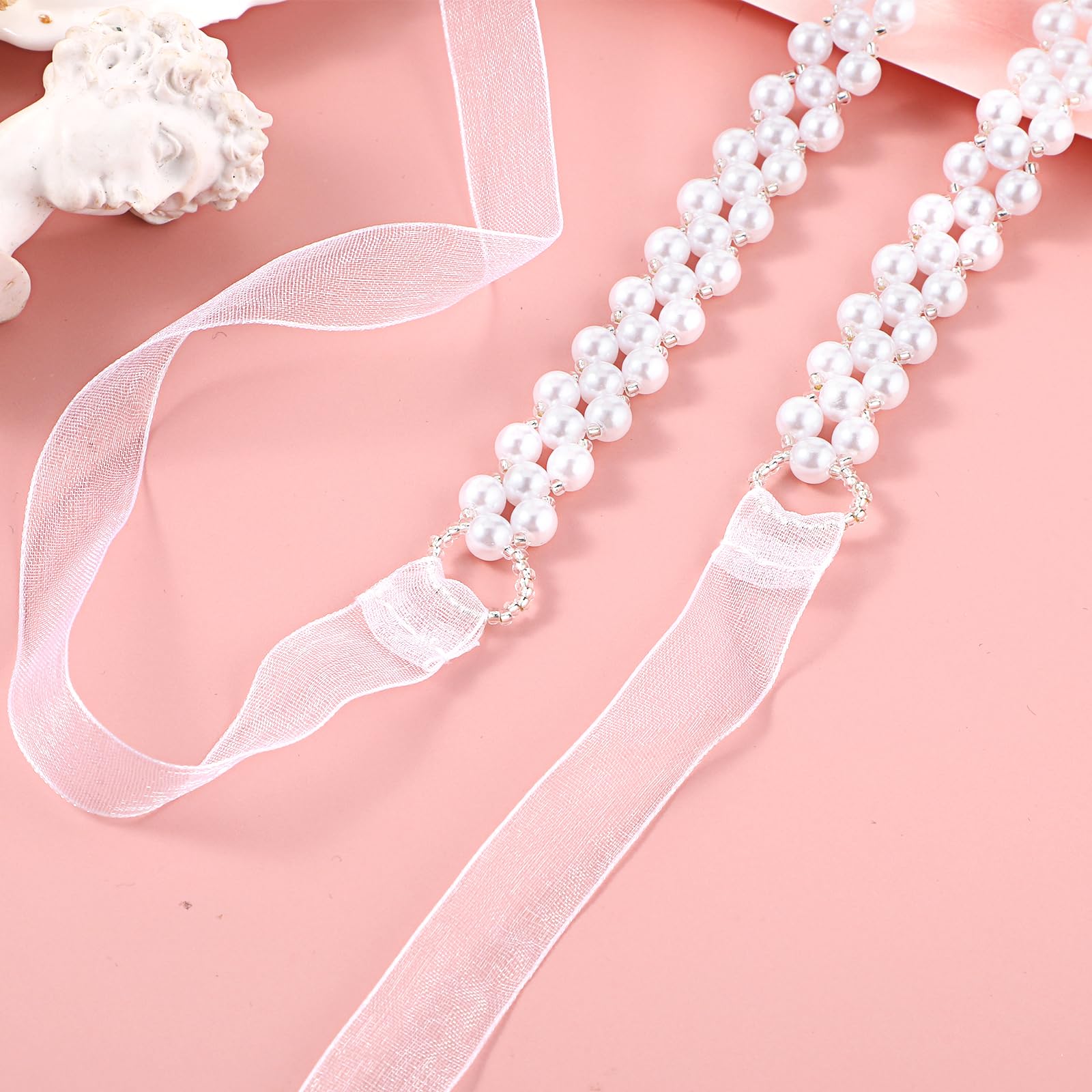 Amaxiu Women Skinny Pearls Belts, Bridal Wedding Waist Belt Bridesmaid Waistband Adjustable White Ribbon Belt for Dress