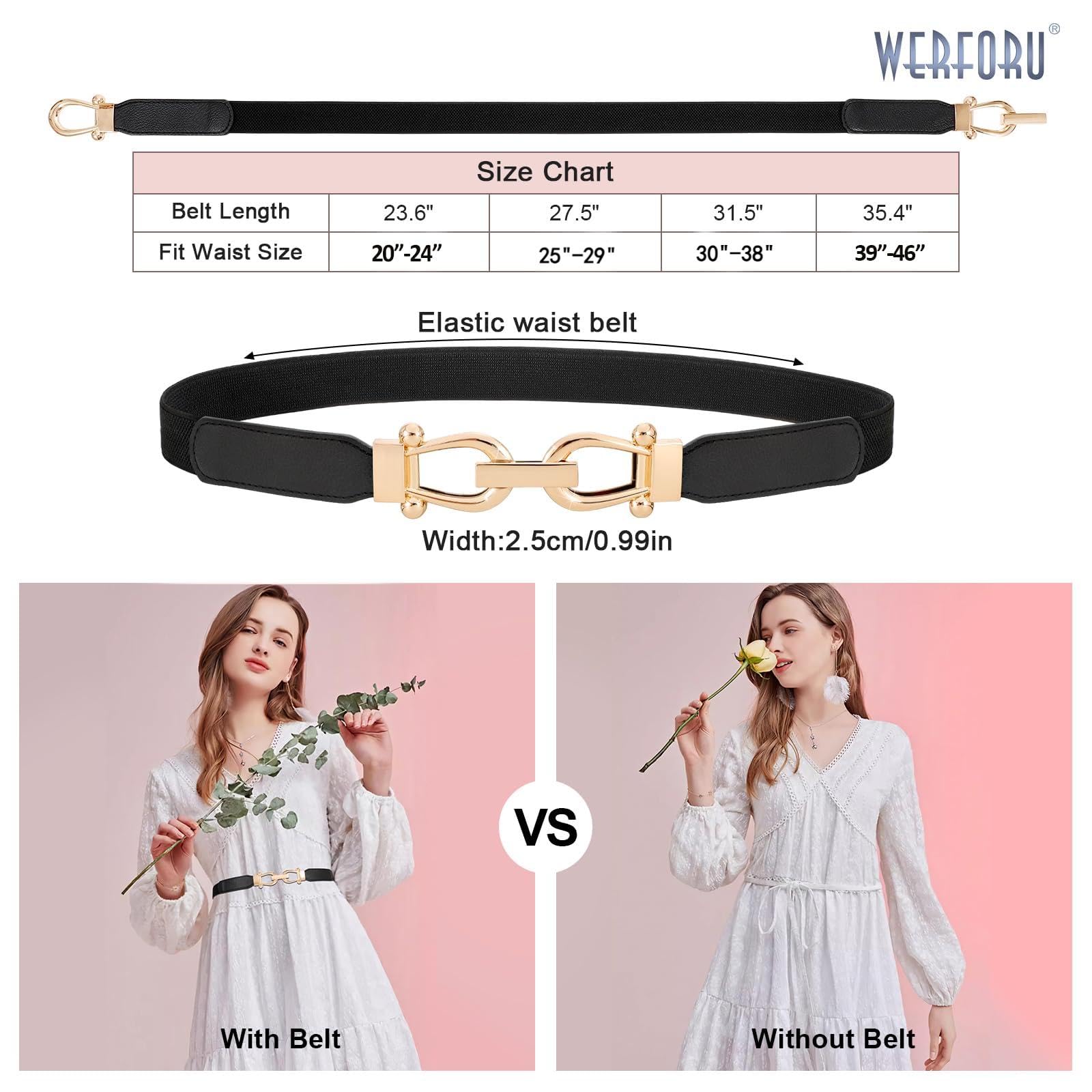 WERFORU 3 Pack Women Ladies Skinny Elastic Waist Belt Gold Buckle Stretchy Thin Belt for Dress Jeans,Black+Brown+White