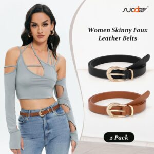 SUOSDEY 2 Pack Women Skinny Belt Thin Waist Belt Black Brown with Fashion Gold Buckle for Pants Jeans Dresses