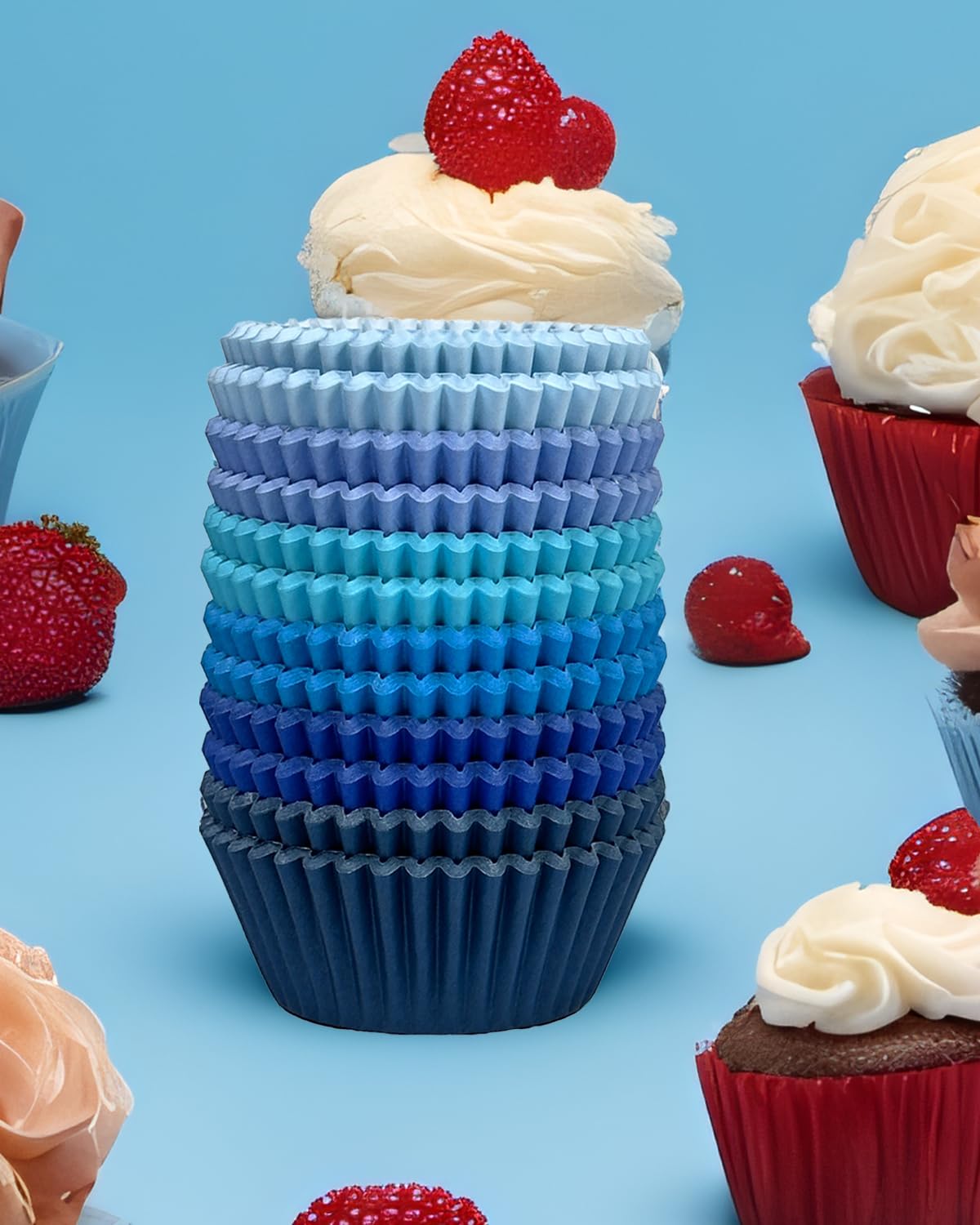 qiqee 300 Counts Cupcake Liners Cupcake Cups Food Grade 6 Solid Blue Colors Cupcake Papers Muffin Baking Cups Cupcake Wrappers (Standard Size)