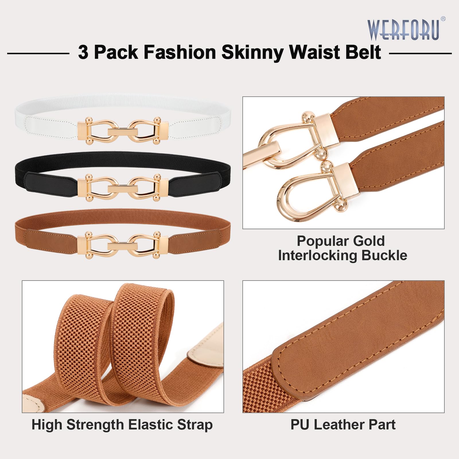 WERFORU 3 Pack Women Ladies Skinny Elastic Waist Belt Gold Buckle Stretchy Thin Belt for Dress Jeans,Black+Brown+White