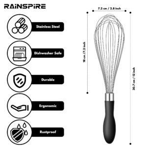 Rainspire 12-Inch Wire Whisk Stainless Steel, Balloon Whisks for Cooking, Wisk Wisking Tool With Soft Silicone Handle, Thick Durable Whisker for Blending, Beating, Whisking, Stirring, Black