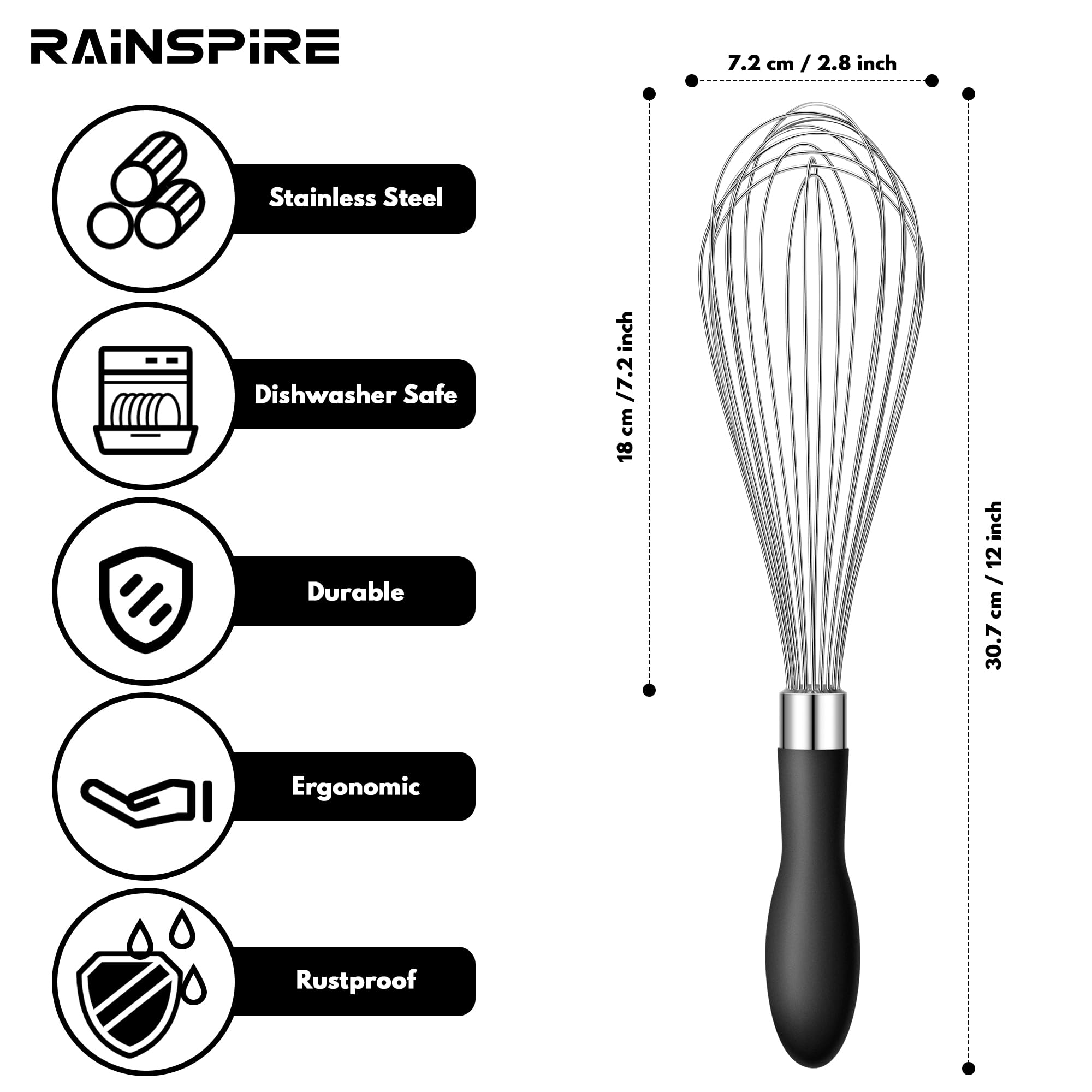 Rainspire 12-Inch Wire Whisk Stainless Steel, Balloon Whisks for Cooking, Wisk Wisking Tool With Soft Silicone Handle, Thick Durable Whisker for Blending, Beating, Whisking, Stirring, Black