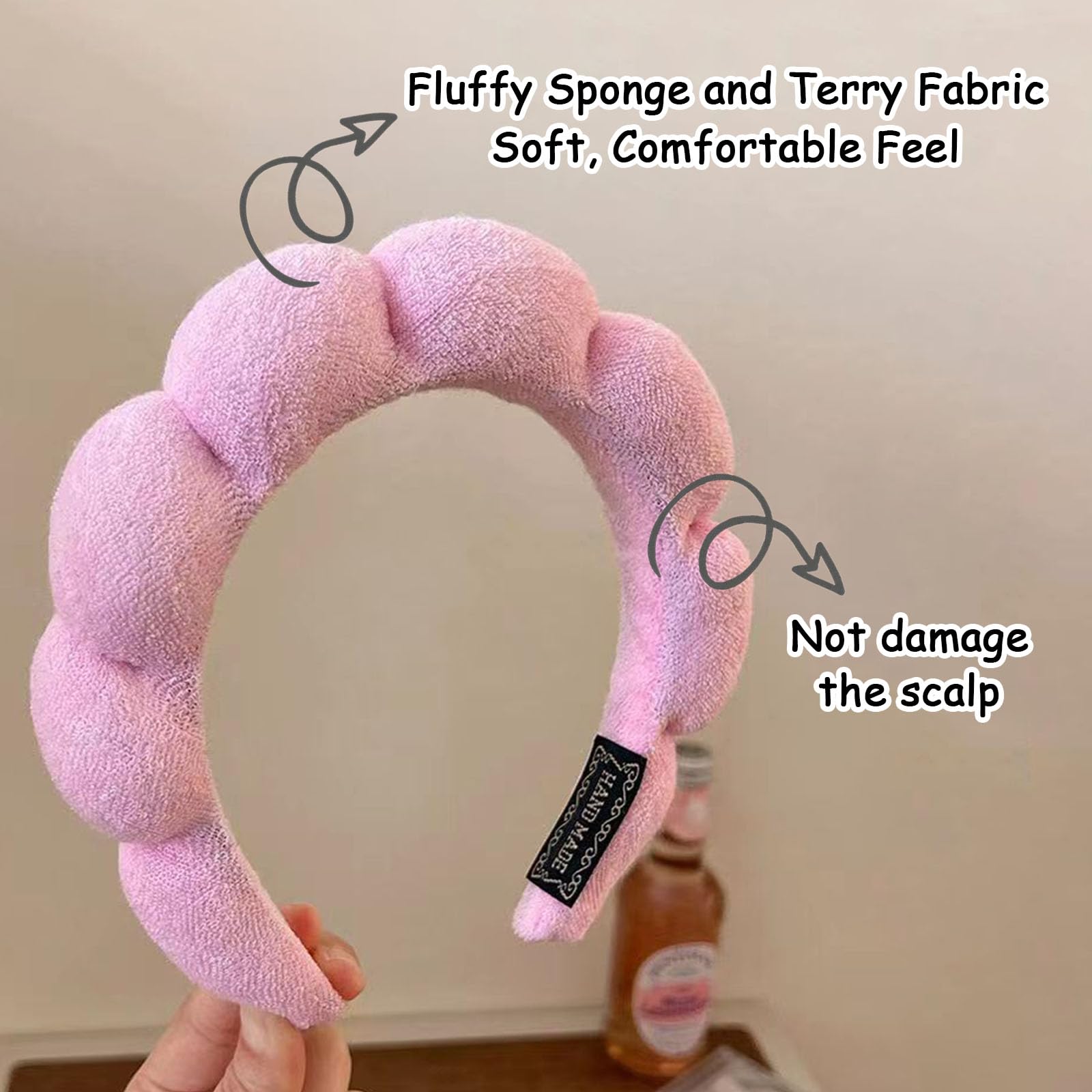 Fecawd Skincare Headbands for Women, Sponge Makeup Headband Set, Spa Headband for Washing Face Wristband Set, Puffy Headwear for Makeup Removal Hair Accessories Terry Cloth Hair Band(Pink)