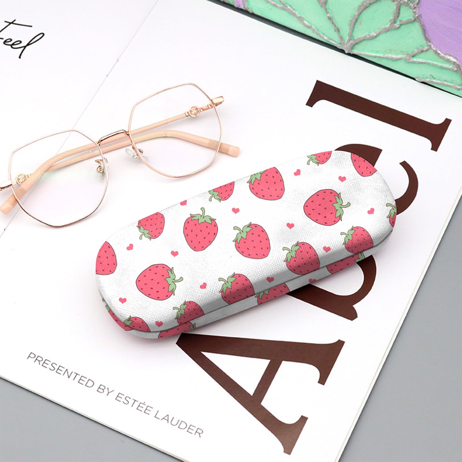 BHAHB Eyeglasses Case Hard Shell Protective Case for Glasses,Eyeglass Holder Box with Cleaning Cloth for Unisex Women Girls Men Cute Aesthetic Classic-Strawberry