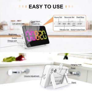 PERSUPER Kitchen Timer for Cooking, 10 RGB Color Changing Digital Magnetic Timer, Countdown/Up, Rechargeabilit, 3 Brightness Display, 3 Volume Levels and Vibration Mode, for Classroom, Study, Fitness