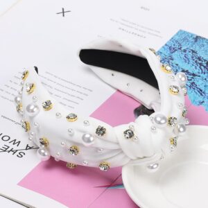 WantGor Pearl Knotted Headband, Women Rhinestone Embellished Hairband Elegant Wide Top Knot Bride Headbands Headpieces Party Fashion Elegant Ladies Hair Band Hair Hoop Accessories (White)