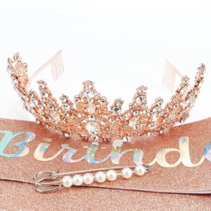 TOBATOBA It's My Birthday Sash Birthday Tiara and Crown for Women Girls Rose Gold Glitter Birthday Sash Crystal Princess Tiara Queen Crown Quinceanera Crown Birthday Decoration Birthday Gift