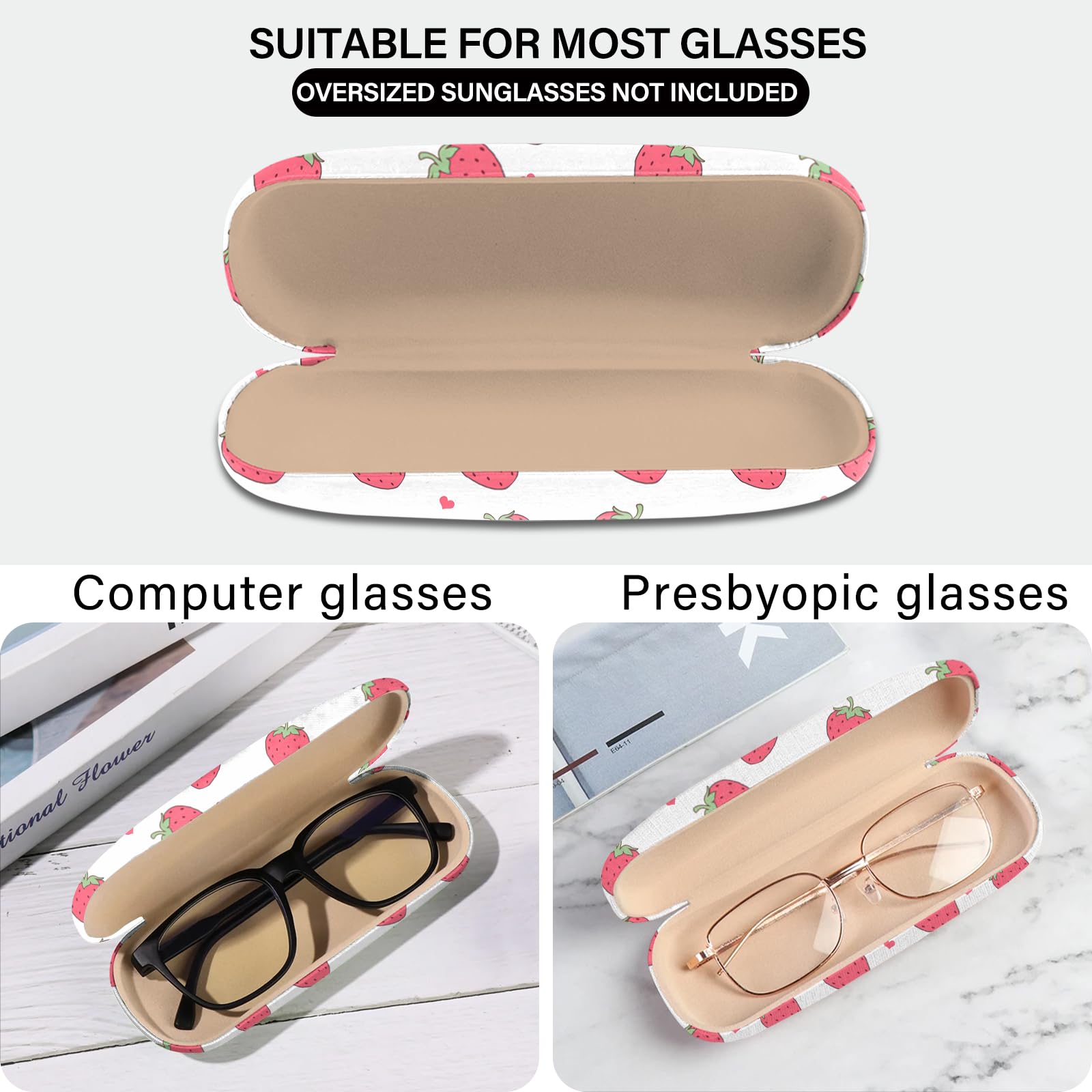 BHAHB Eyeglasses Case Hard Shell Protective Case for Glasses,Eyeglass Holder Box with Cleaning Cloth for Unisex Women Girls Men Cute Aesthetic Classic-Strawberry