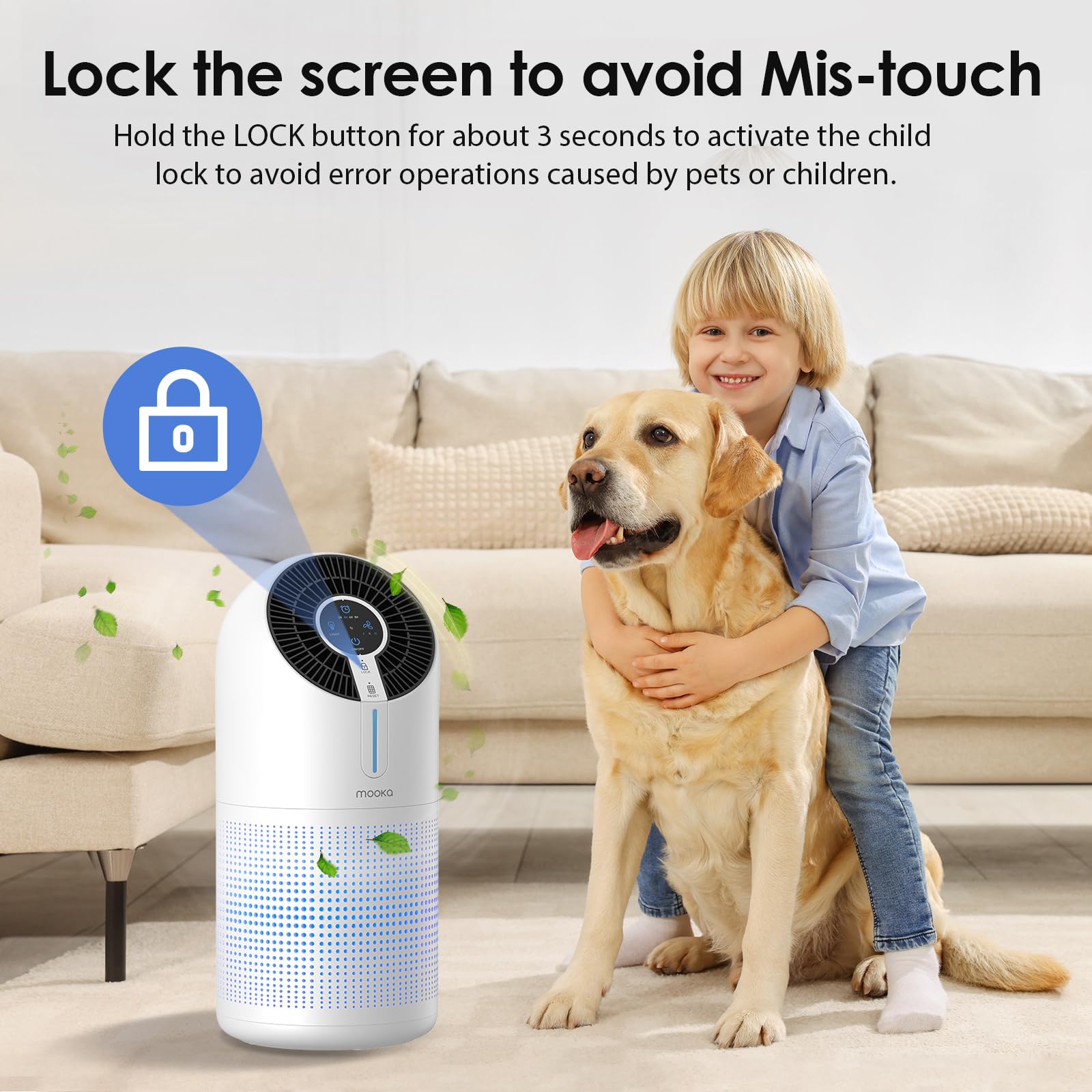 MOOKA Air Purifiers for Home Large Room up to 1095ft², H13 HEPA Filter Air Cleaner for Pets Bedroom Remove Smoke Dust Pollens Dander, Room Air Purifier with Timer Lock 4 Modes Night Light, M02