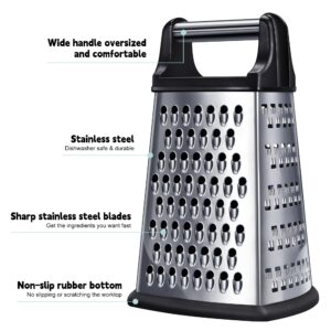 Kaishun Professional Cheese Grater, XL Size 4-Sided Stainless Steel Box Grater, Food Shredder for Cheese, Parmesan, Vegetable, Dishwasher Safe, Black