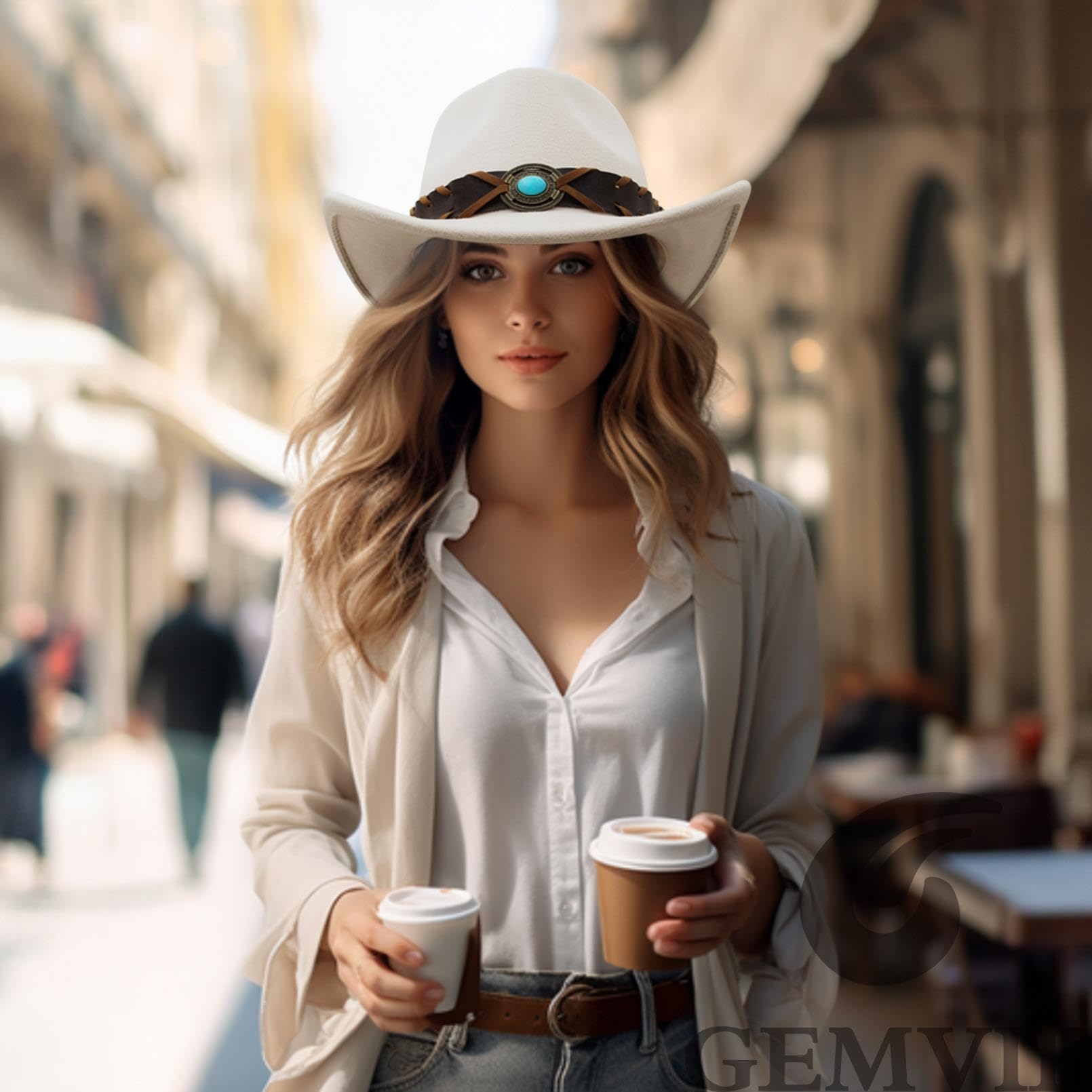 GEMVIE Cowboy Hat for Women Men Classic Belt Buckle Cowgirl Hat Western Style Fedora Cowboy Hat White