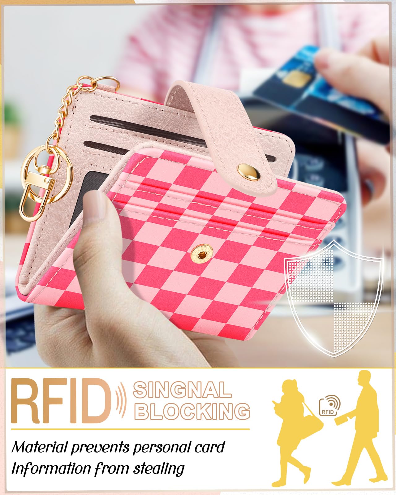 Bistup Wallet for Women Cute Bifold Small Card Wallet Rfid with Keychain for Ladies Teen Girls Female Medium Girly Aesthetic Thin Slim Checkered Plaid Unique Pretty Leather Credit Card Holder Purse