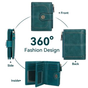 Ylawost Womens Wallet Small Bifold Leather Pocket Wallet Large Capacity Rfid Blocking Card Holder Zipper Coin Purse with 16 Card Slots & 2 ID Window-Peacock Blue