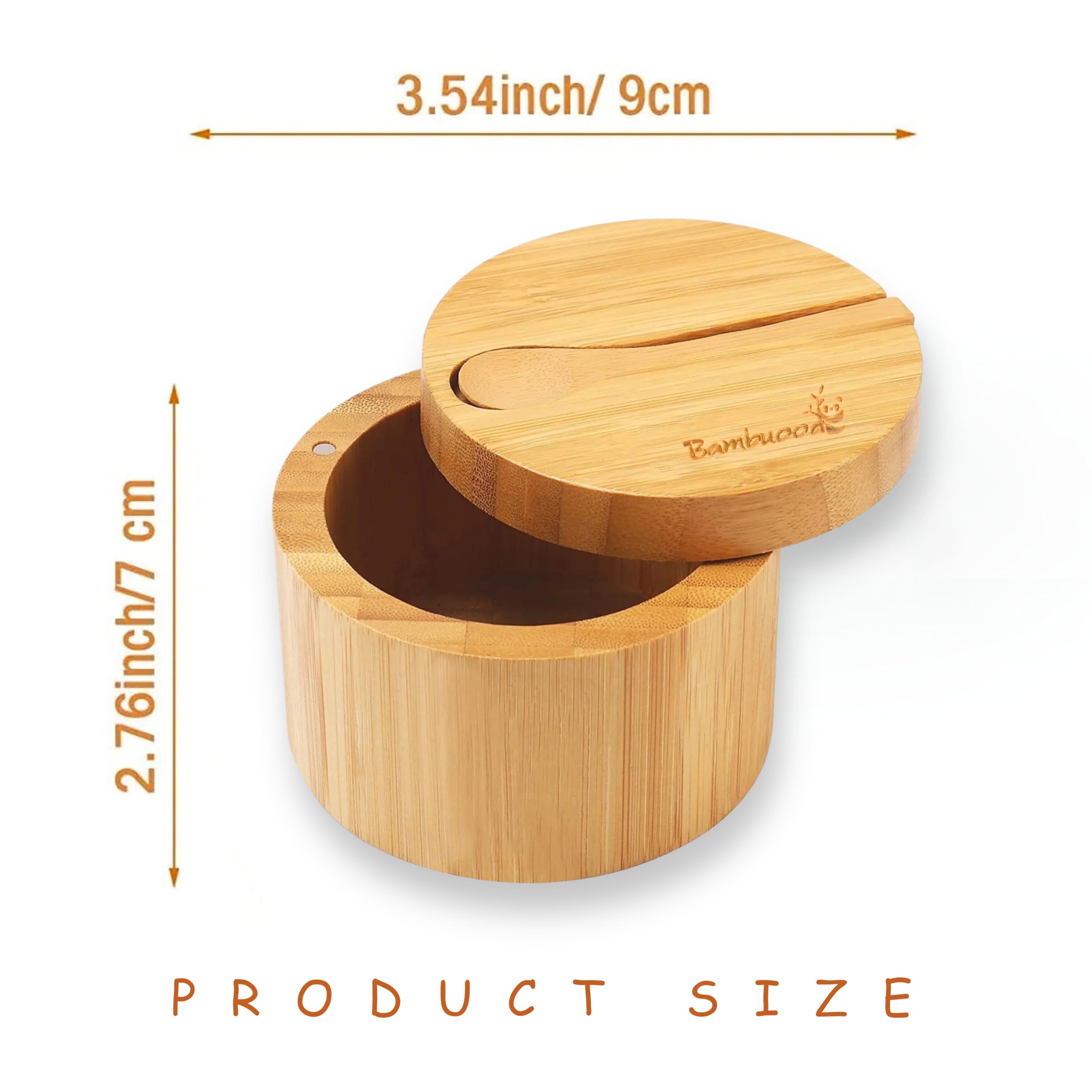 Bambuood Premium Bamboo Salt Cellar with Swivel Magnetic Lid - 100% Handmade, Elegant Salt & Spices Storage Box and Multi-Use Container with Mini Spoon.