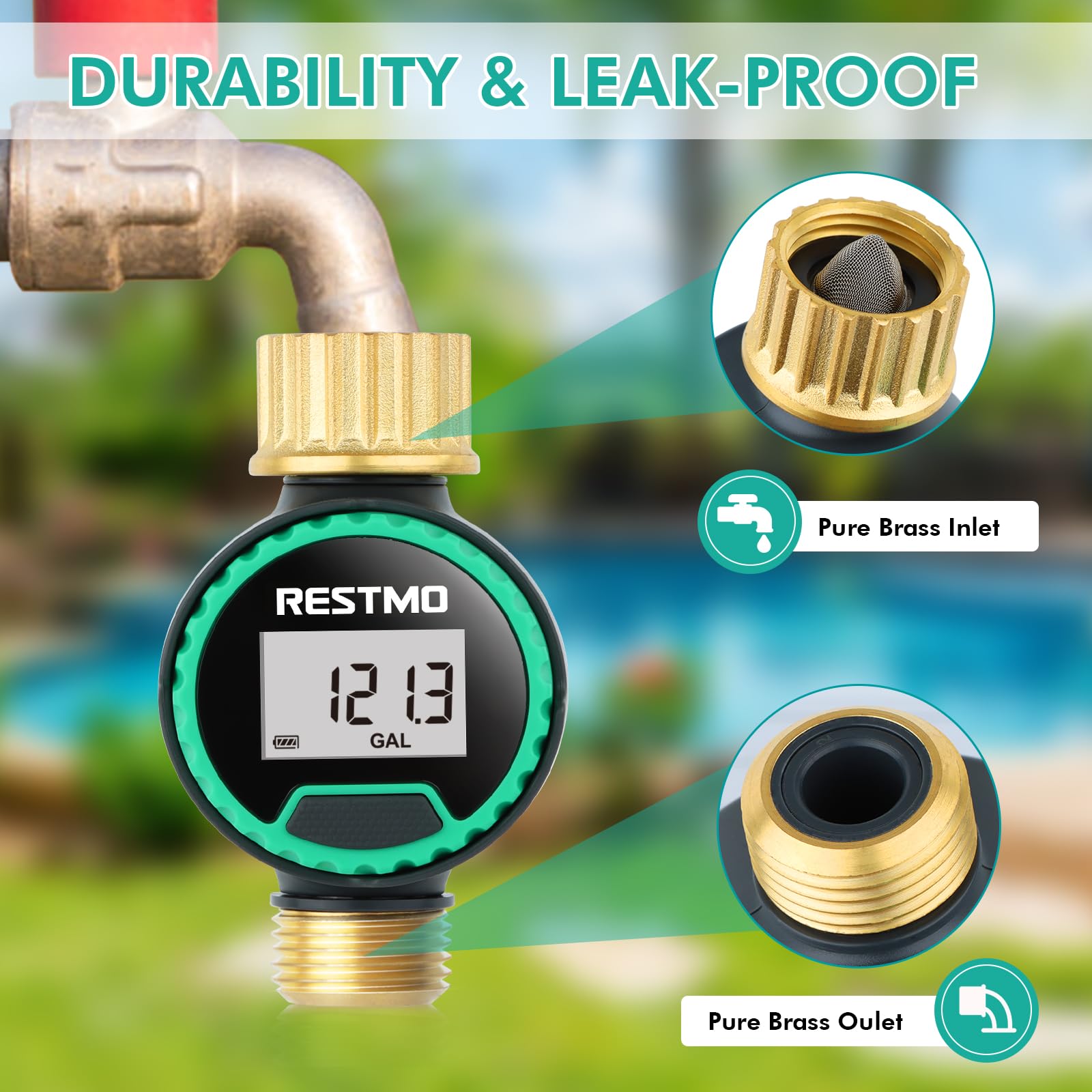 RESTMO Water Flow Meter with 360° Rotatable Control Panel, Brass Inlet & Outlet, Measure Gallon/Liter Consumption and Flow Rate for Garden Hose Nozzle Watering, RV Water Tank Filling, Lawn Sprinkler