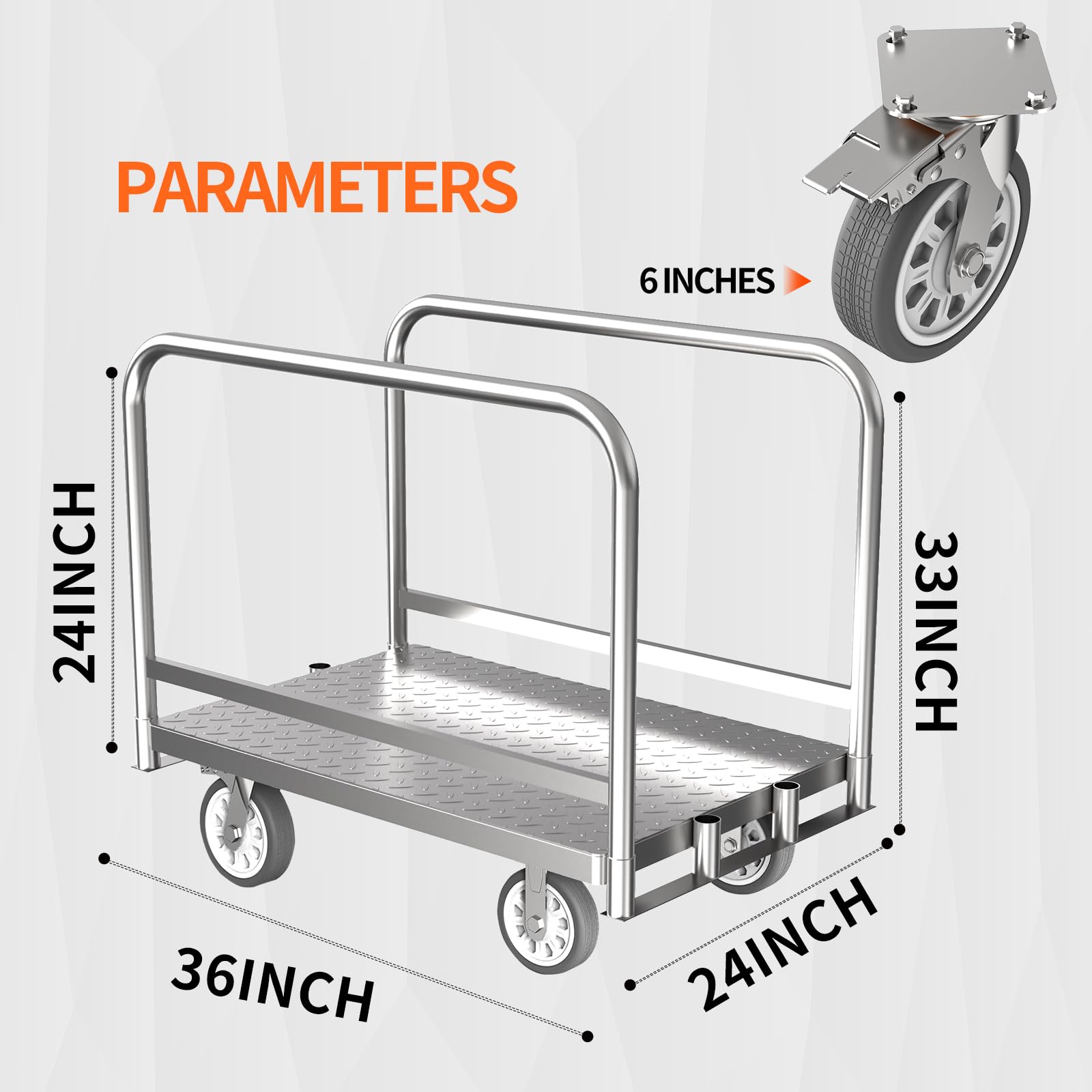 Steel Panel Truck, Heavy Duty Drywall Cart Lumber Cart Platform Truck Flat Cart, 2000lbs, 6" Swivel Brake Casters, with 1Front and 2 Side Handrails (36" x 24")