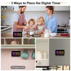 PERSUPER Kitchen Timer for Cooking, 10 RGB Color Changing Digital Magnetic Timer, Countdown/Up, Rechargeabilit, 3 Brightness Display, 3 Volume Levels and Vibration Mode, for Classroom, Study, Fitness