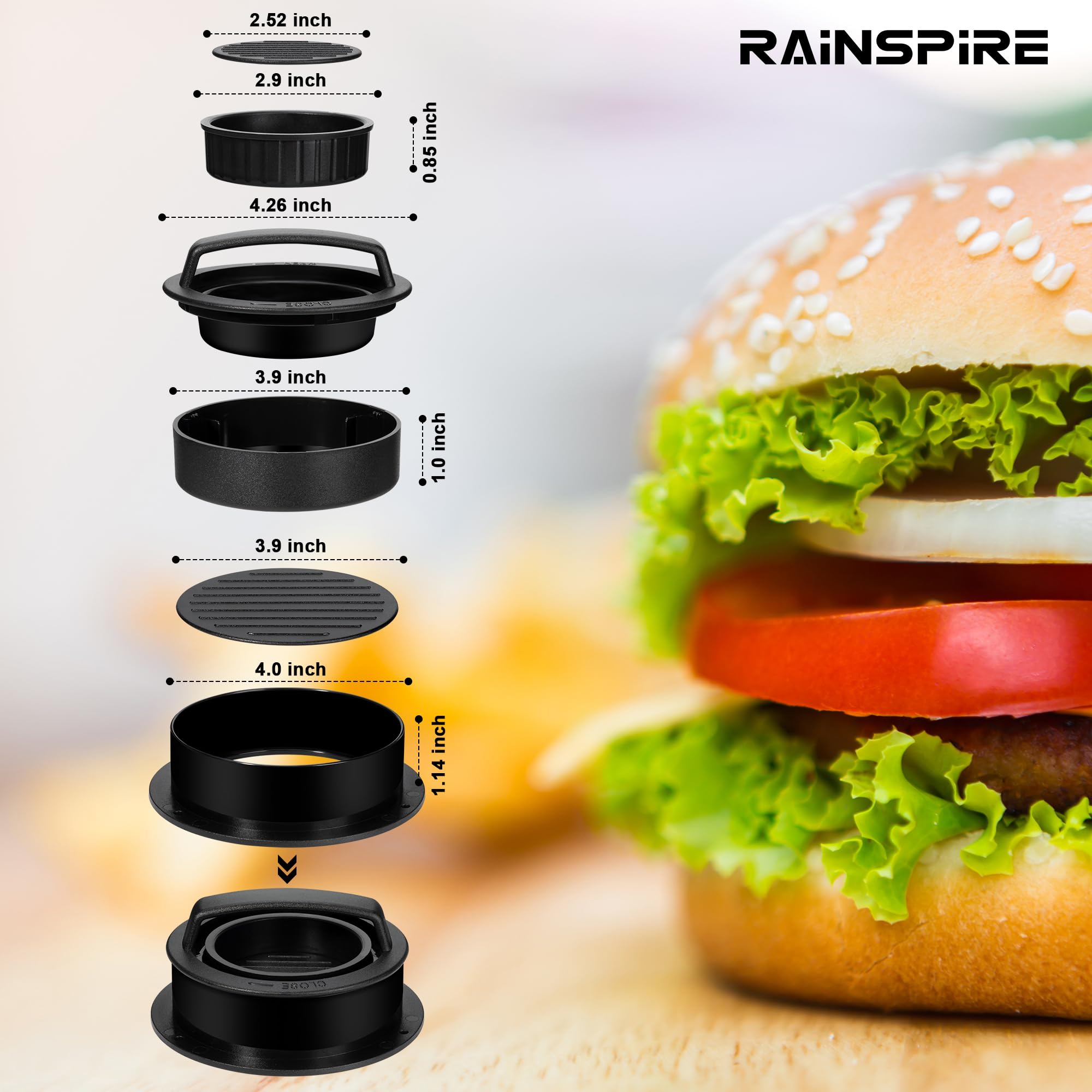 Rainspire Hamburger Press Patty Maker, 3 in 1 Non-Stick Burger Press Patty Maker, Hamburger Patty Maker, Burger Patty Maker, Patty Press for Stuffed Burgers, Sliders, Beef Burger, Black