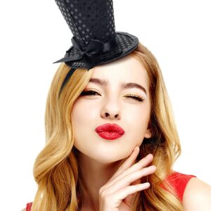 Black Mini Top Hat Headband Fascinator Tea Party Headpiece for Women Lady Gril 1920s Gatsby Party Halloween Christmas Costume Accessory