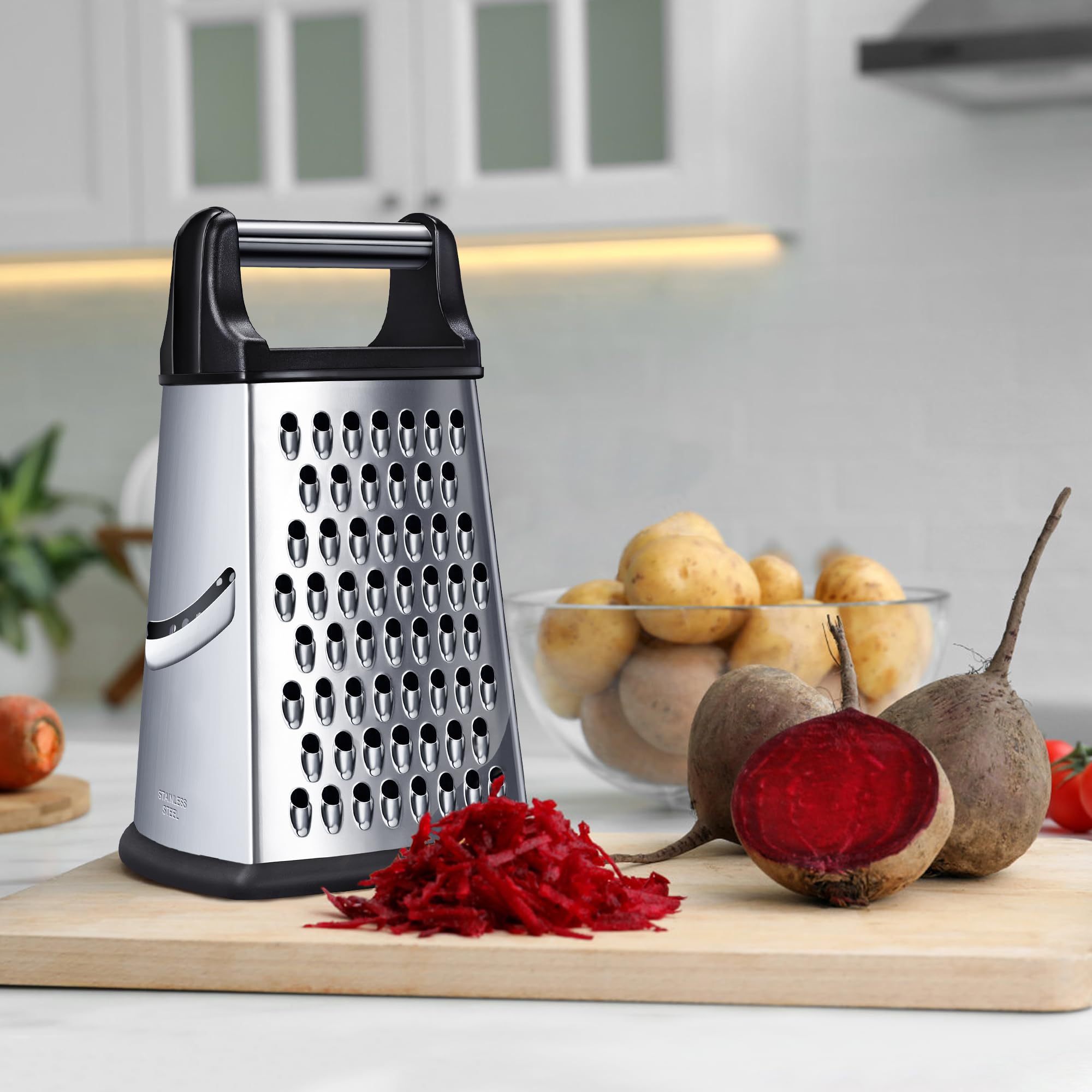 Kaishun Professional Cheese Grater, XL Size 4-Sided Stainless Steel Box Grater, Food Shredder for Cheese, Parmesan, Vegetable, Dishwasher Safe, Black