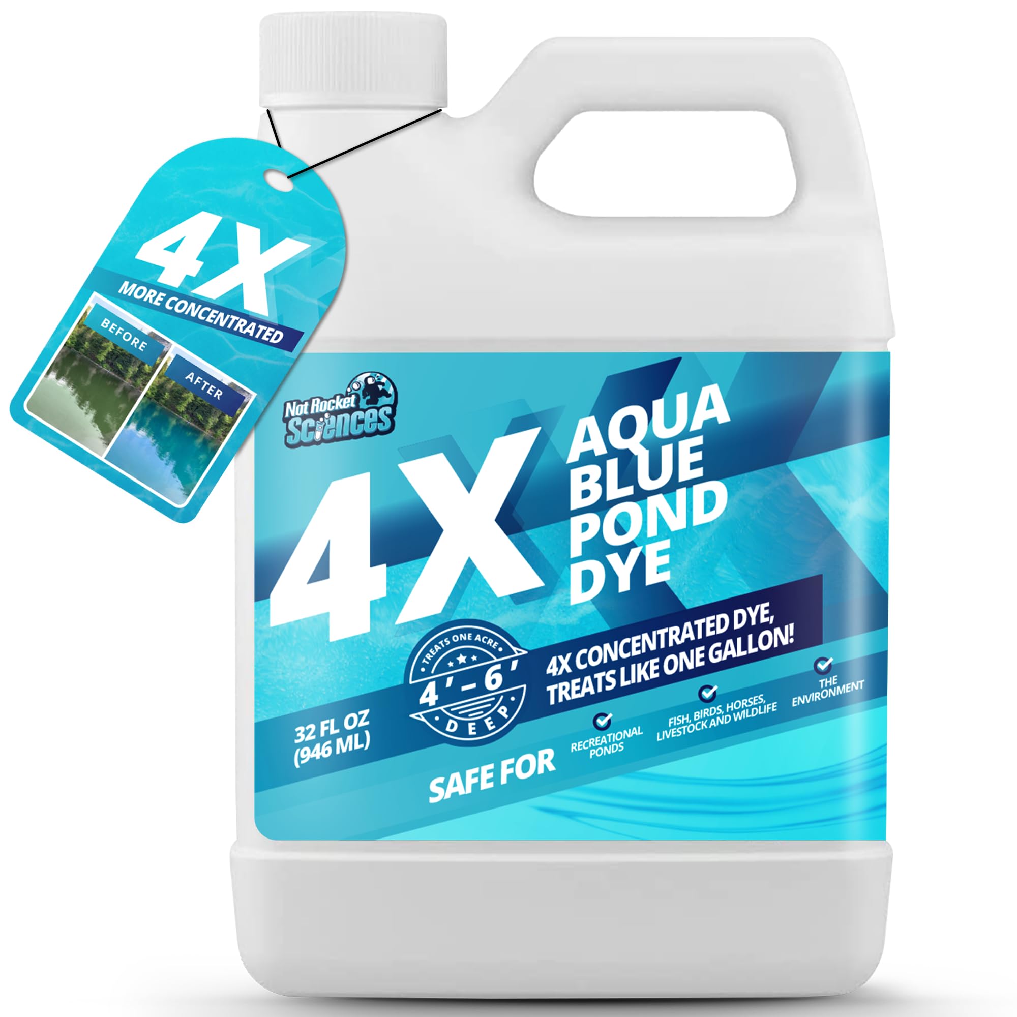 Aqua Blue Pond Dye 4X Concentrate, Lake & Pond Dye Blue for Aqua Blue Water, Ideal Pond Blue Dye & Lake Colorant, Aquashade Pond Dye That Protects Against Sunlight, Safe for Fish & Wildlife, 32 oz