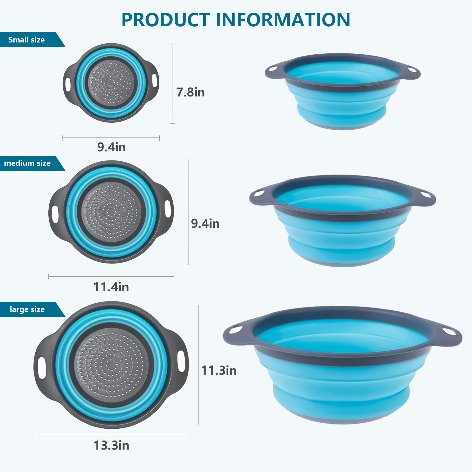 3 Piece Collapsible Colander Set - Round Silicone in Kitchen Food Strainers Drainer Basket Blue for Draining Pasta Vegetables Fruits (Blue)